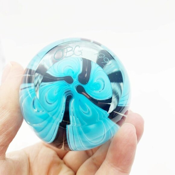 Vintage OBG Ornamental Blown Glass Turquoise & Black Blue Bud Vase - Picture 6 of 7